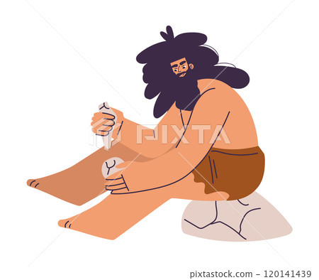 Primitive Man Character and Caveman in Loincloth Make Fire with Stone Vector Illustration 120141439