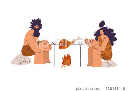 Primitive Man and Woman Character and Caveman in Loincloth Sitting and Frying Meat on Fire Vector Illustration 120141440