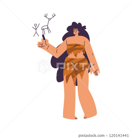 Primitive Woman Character and Caveman in Loincloth Draw and Engraving Vector Illustration 120141441