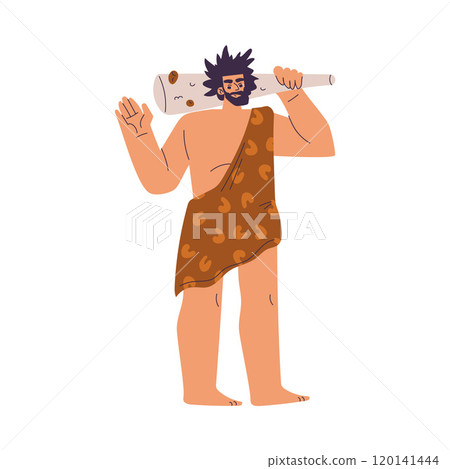 Primitive Man Character and Caveman in Loincloth Stand with Bludgeon Vector Illustration 120141444