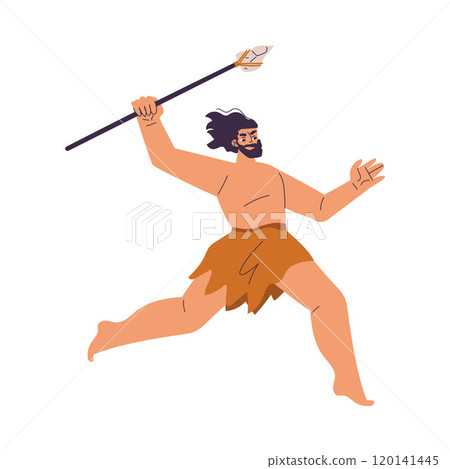 Primitive Man Character and Caveman in Loincloth Run with Spear Vector Illustration 120141445