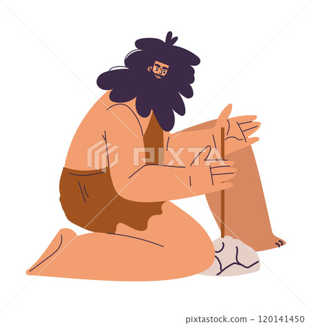 Primitive Man Character and Caveman in Loincloth Make Fire with Stone Vector Illustration 120141450