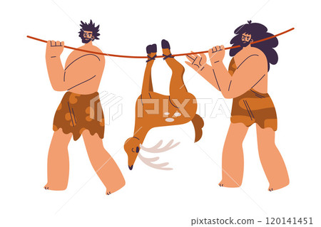 Primitive Man Character and Caveman in Loincloth Carry Deer Vector Illustration Primitive Man Character and Caveman in Loincloth Carry Deer Vector Illustration 120141451