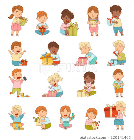 Happy Kid Character with Gift Box and Present Vector Set 120141465