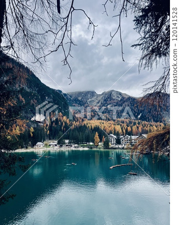 Autumn landscape of Lake Braies. Famous lake in the Dolomites. Autumn landscape of Lake Braies. Famous lake in the Dolomites. 120141528