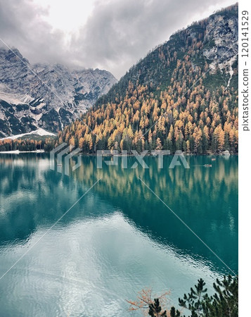 Autumn landscape of Lake Braies. Famous lake in the Dolomites. Autumn landscape of Lake Braies. Famous lake in the Dolomites. 120141529