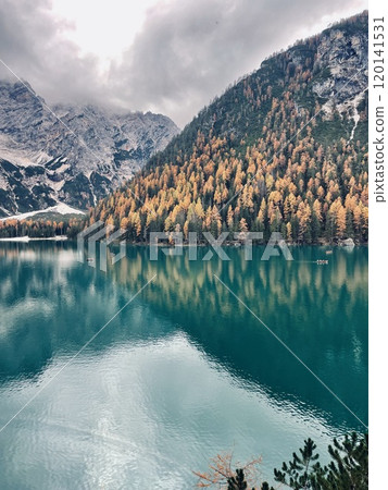 Autumn landscape of Lake Braies. Famous lake in the Dolomites. 120141531