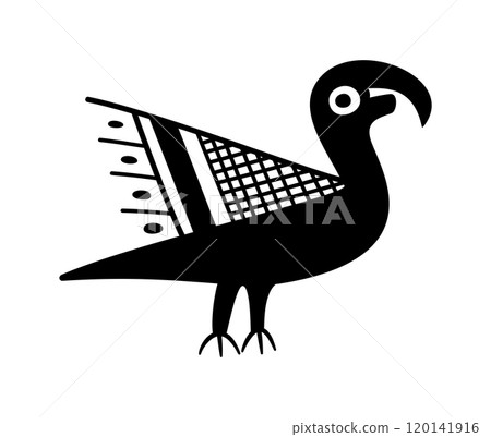 Parrot as depicted in the ceramic art of Ancient Southwest. Parrot motif found on a bowl of the Mogollon culture in New Mexico, a Classic Mimbres Black-on-white composition made by Native Americans. Parrot as depicted in the ceramic art of Ancient Southwest. Parrot motif found on a bowl of the Mogollon culture in New Mexico, a Classic Mimbres Black-on-white composition made by Native Americans. 120141916