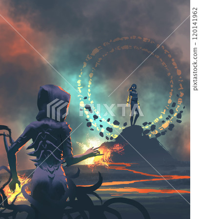 Woman Warrior Confronting Witch in Lava Landscape 120141962