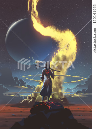 Witch Holding Axe in Mystical Landscape Witch Holding Axe in Mystical Landscape 120141963