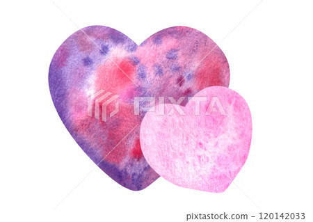 Two colorful hearts big and small, one behind another isolated on white. Hand painted watercolor illustration. Perfect St Valentine day, for love cards, posters, textile, hospital decor 120142033