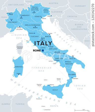 The regions of Italy, a country in Europe, political map. First-level administrative divisions of the Italian Republic. Twenty regions with its borders and capitals. Isolated illustration. Vector. 120142270