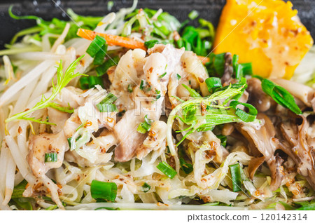 Steamed vegetables and chicken with sesame sauce Steamed vegetables and chicken with sesame sauce 120142314