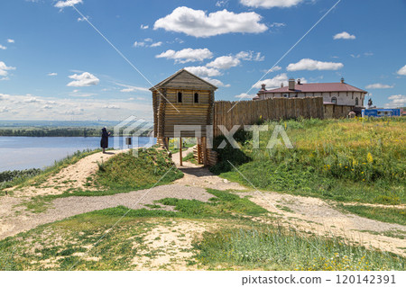 Ancient wooden fortress on a background of river spaces. Russia, Tatarstan, ancient Bulgar fortress in Yelabuga 120142391