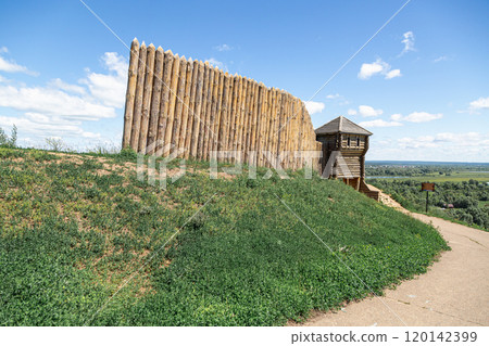 The tower of an ancient Bulgarian fortress on a high cliff on the banks of the Kama River, Elabuga, Tatarstan, Russian Federation The tower of an ancient Bulgarian fortress on a high cliff on the banks of the Kama River, Elabuga, Tatarstan, Russian Federation 120142399