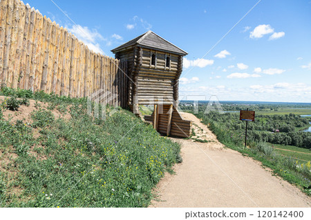 The tower of an ancient Bulgarian fortress on a high cliff on the banks of the Kama River, Elabuga, Tatarstan, Russian Federation 120142400