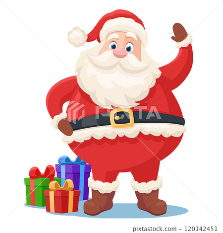 Santa Claus with gifts boxes waving hand on white background. Christmas character 120142451
