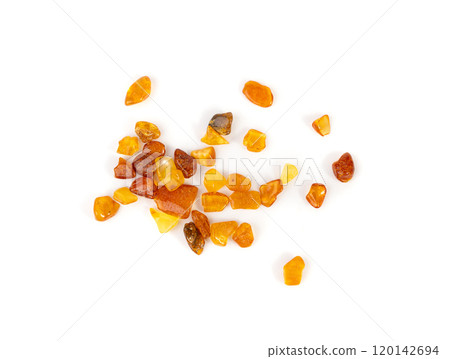Amber stones isolated, polished orange gemstones, natural Baltic amber gems, golden resin crystals 120142694