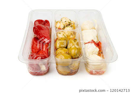 Italian Antipasti Set with Small Peppers Stuffed with Cream Cheese, Pickled Olives, Marinated Mushrooms, 120142713