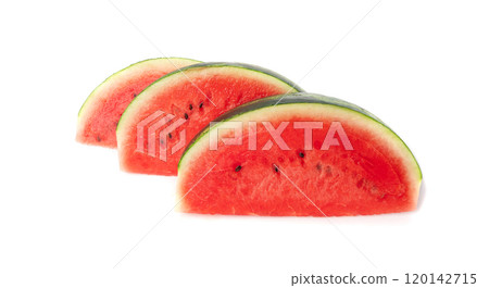 Watermelon pieces isolated. Water melon wedges pile, chopped Citrullus lanatus, red wassermelone cuts group 120142715