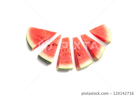 Watermelon pieces isolated. Water melon wedges pile, chopped Citrullus lanatus, red wassermelone cuts group 120142716