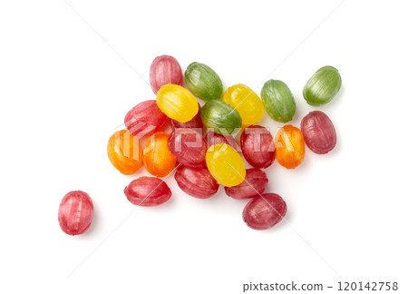 Hard Candy Isolated, Sour Hard Candies, Fruit Sugar Bonbon Pile, Colorful Lozenge, Color Candy Group 120142758