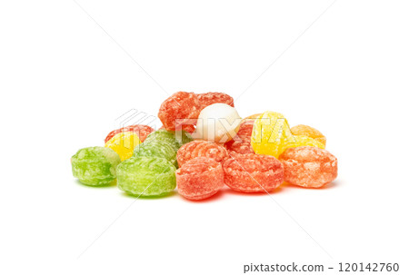 Hard Candy Isolated, Sour Hard Candies, Fruit Sugar Bonbon Pile, Colorful Lozenge, Color Candy Group 120142760