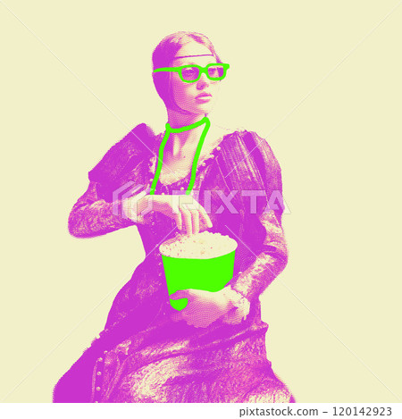 Classical portrait in pop art style, historical figure wearing vibrant green glasses and holding popcorn bucket. Contemporary art. Classical portrait in pop art style, historical figure wearing vibrant green glasses and holding popcorn bucket. Contemporary art. 120142923