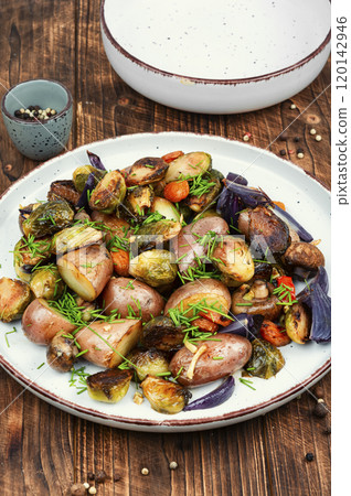 Brussels sprouts and potatoes in dish. Brussels sprouts and potatoes in dish. 120142946