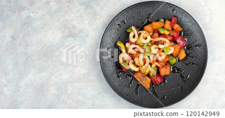 Prawn salad with caramelized tropical fruits. Prawn salad with caramelized tropical fruits. 120142949