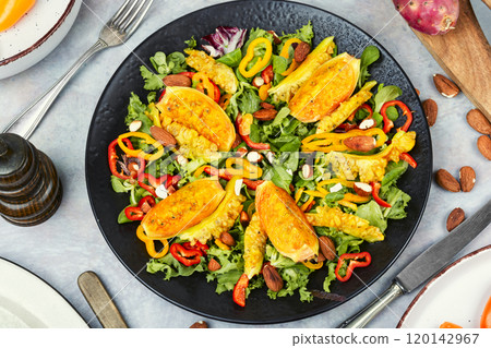 Salad of cactus fruits, peppers and almonds. Salad of cactus fruits, peppers and almonds. 120142967