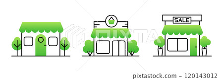 Unique Green Line Icons with Nature Symbols, Mini Shops, Markets, and Exterior with Trees and gradient, Vector for UX Design 120143012
