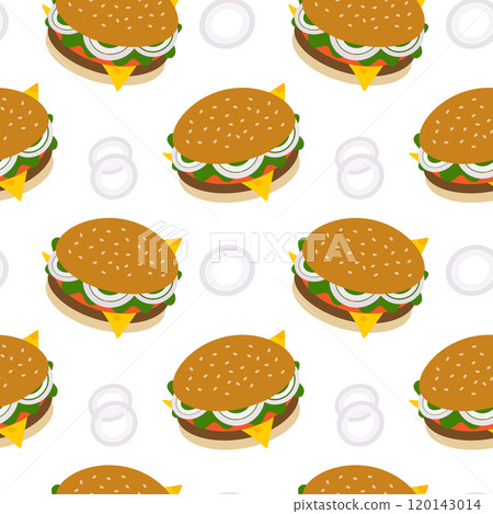 Sesame bun chees, meat, salad, slice tomato and purple onion Seamless pattern. Fast Food background 120143014