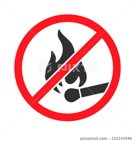 No open fire icon symbol. No open flame sparkle logo sign. Not allowed, do not make fire. Prohibition, Prohibited, forbidden. Vector illustration. Isolated on white background. 120143046