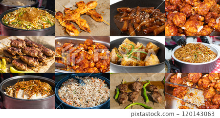 Udon Street Food Collage, Chinese Fried Noodles in Wok, Asian Pasta Food in a Large Pot, Korean Spaghetti Udon Street Food Collage, Chinese Fried Noodles in Wok, Asian Pasta Food in a Large Pot, Korean Spaghetti 120143063