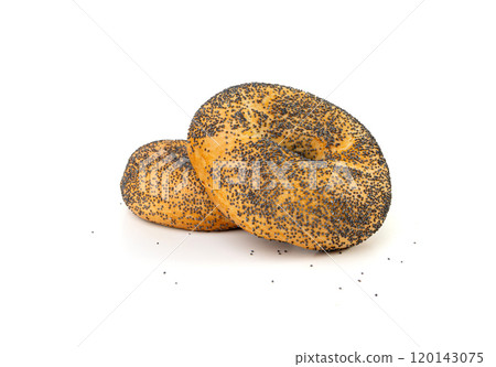 Poppy Seed Bagel Isolated, Round Bread Bun, Poppyseed Wheat Bakery for Breakfast 120143075