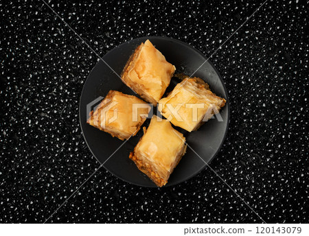 Baklava Set Top View, Ramadan Dessert, Eastern Sweet Filo Pastries, Honey Baklawa, Oriental Desert 120143079