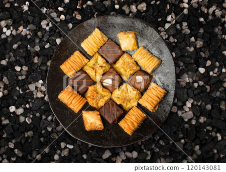 Baklava Set Top View, Ramadan Dessert, Eastern Sweet Filo Pastries, Honey Baklawa, Oriental Desert 120143081