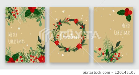 Christmas cards with tree decorations, branches, flowers and red berries Christmas cards with tree decorations, branches, flowers and red berries 120143103