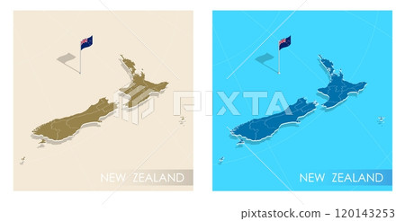 New Zealand country flag installed on geographic positioning map point of country territory. New Zealand commonwealth banner on land and sea. Festive patriotic HD format template for independence day 120143253