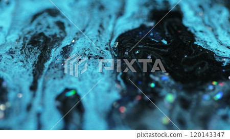 Liquid glitter texture. Ink drip. Defocused black blue color holographic sequin particles gloss paint mix oil emulsion fluid spill abstract art background. Liquid glitter texture. Ink drip. Defocused black blue color holographic sequin particles gloss paint mix oil emulsion fluid spill abstract art background. 120143347