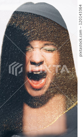 Aggressive portrait. Mental disorder. Angry female. Bad emotional feeling. Glitter in furious yelling woman silhouette double exposure. 120143364