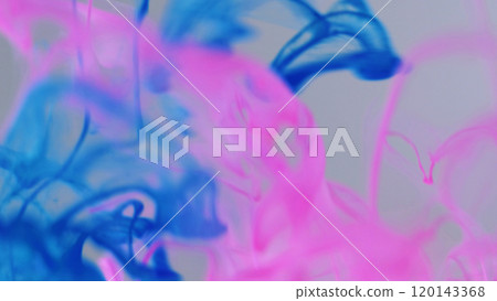Color mix. Sparkling splatter. Pink blue color blend graphic brilliant gradient falling flow on white art abstract background. Gleaming water fluid. 120143368
