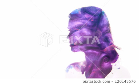 Beauty surreal. Fantasy silhouette. Colorful paint swirling in woman head double exposure isolated on white copy space background. 120143576