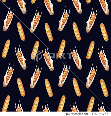 Watercolor repeat, seamless pattern with yellow, sweet corncobs, maize. Hand drawn botanical watercolor illustration. For wrapping wallpaper fabric textile 120143744