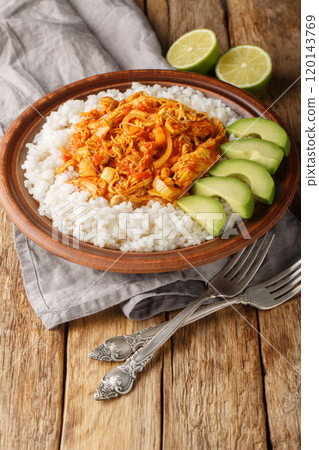 Mexican shredded chicken Tinga cooked with onion, garlic and tomatoes served with white rice and avocado close-up in a plate. Vertical 120143769