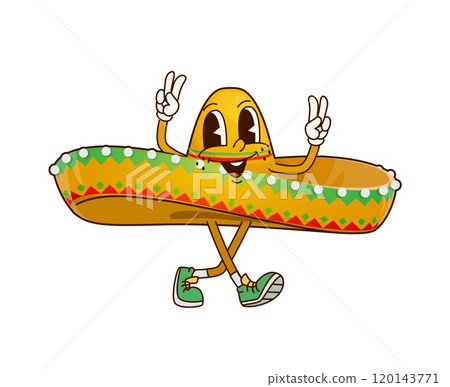 Funny groovy Mexican sombrero hat character with funky face and hippie peace sign gesture, vector emoji. Groovy Mexican sombrero character in retro comic cartoon with happy smile for fiesta party 120143771