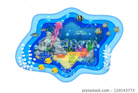 Paper cut underwater landscape with fish shoal, seaweeds and corals. 3d vector frame with colorful undersea world with cartoon tropical fishes and jellyfish, evokes a sense of serenity of marine life Paper cut underwater landscape with fish shoal, seaweeds and corals. 3d vector frame with colorful undersea world with cartoon tropical fishes and jellyfish, evokes a sense of serenity of marine life 120143773