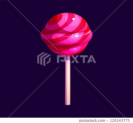 Cartoon valentine pink candy sweets, lollypop and confectionery. isolated vector vibrant glossy round lick lollipop on stick, featuring swirl, pattern with bright and cheerful color. Romantic sugary 120143775