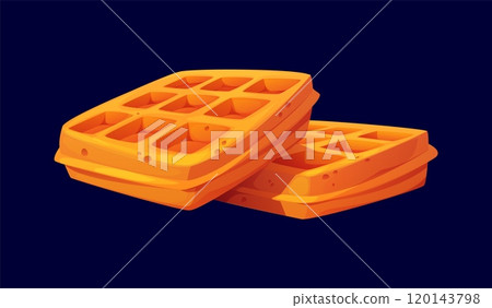 Cartoon Belgian wafers confectionery and sweet pastry. Vector two golden brown waffles are stacked on top of each other. Appetizing breakfast waffles with deep, square indentations and crispy texture 120143798
